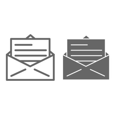 Harf satırı ve somut simge, dağıtım sembolü, beyaz arkaplanda posta zarfı vektör işareti al, mobil konsept ve web tasarımı için ana hatlar şeklinde zarf simgesi aç. Vektör grafikleri.