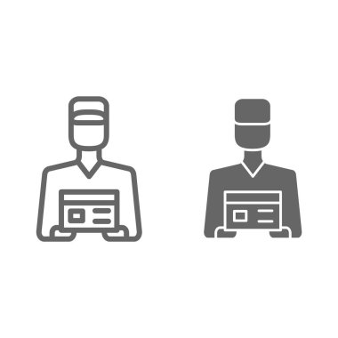 Kurye servis hattı ve katı ikon, lojistik sembol, beyaz arka planda teslimatçı vektör işareti, paket ikonu olan kurye, taslak tarzı mobil ve web tasarımı. Vektör grafikleri.