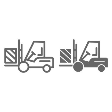 Forklift kamyon teslimat hattı ve katı ikon, lojistik sembol, beyaz arka planda kargo ambalaj vektör işareti, mobil ve web için taslak biçimli kutu simgesi olan kaldırma kamyonu. Vektör.