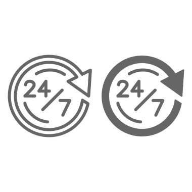 7 saatlik hat üzerinde 24 saat çalışıyoruz ve katı ikon, lojistik sembol, beyaz arka planda müşteri dağıtım merkezi vektör işareti, açılış saatleri simgesi. Vektör grafikleri.