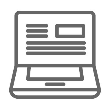 Dizüstü bilgisayar satırı simgesi, dağıtım sembolü, beyaz arkaplanda metin web sitesi vektör işareti, mobil ve web için ekran simgesi ana hatlarında okunmuş e- posta içeren bir defter. Vektör grafikleri.