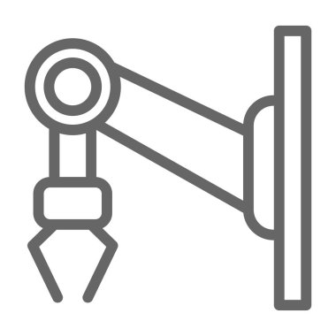 Robotik nakliye hattı simgesi, dağıtım sembolü, beyaz arkaplanda vinç kancası kaldırma vektör işareti, mobil ve web tasarımı için ana hatlı robot ambalaj simgesi. Vektör grafikleri.