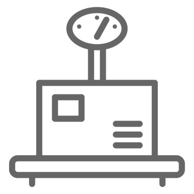 Ağırlık çizgisi simgesinde ambalaj, dağıtım sembolü, beyaz arkaplanda kutu vektör işareti olan ağırlık ölçeği, mobil ve web için ana hatlı paket ağırlık depolama simgesi. Vektör grafikleri.