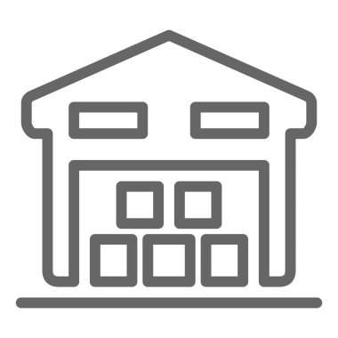 Depo hattı ikonu, lojistik sembolü, beyaz arka planda teslimat depolama vektör işareti, taşınabilir konsept ve web için taslak biçiminde paket ikonu olan depo. Vektör grafikleri.