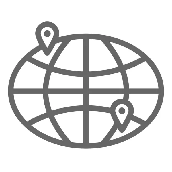 Livraison d'un point de la terre à une autre icône de ligne, symbole de livraison, planète terre avec deux signes vectoriels pointeur sur fond blanc, icône de livraison internationale dans le style contour. Vecteur . — Image vectorielle