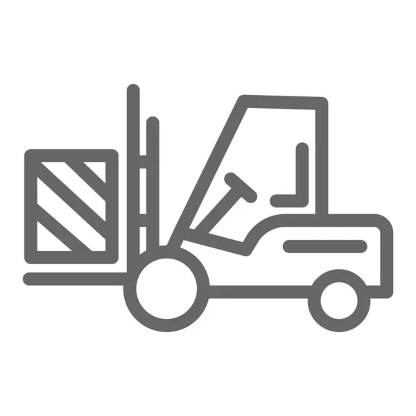 Ícone da linha de entrega do caminhão de empilhadeira, símbolo de logística, sinal de vetor de transporte de embalagem de carga no fundo branco, caminhão de elevador com ícone de caixa no estilo de contorno para celular e web. Vetor . — Vetor de Stock