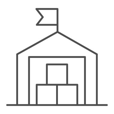 Depo, ince çizgi ikonu, ulaşım teslimat servis sembolü, beyaz arka planda bayrak vektör işareti olan depo binası, kutu simgesi çizili lojistik depo. Vektör grafikleri.