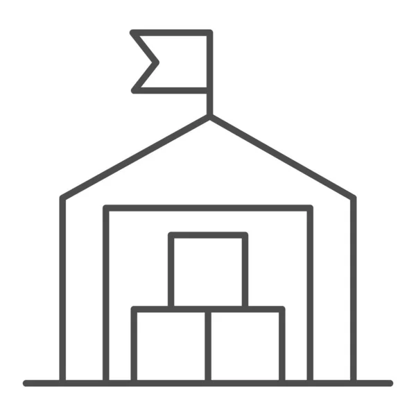 倉庫薄いラインアイコン、輸送配送サービスのシンボル、白い背景にフラグベクトル記号を格納する建物、ボックスアイコンのアウトラインを持つ物流倉庫。ベクトルグラフィックス. — ストックベクタ