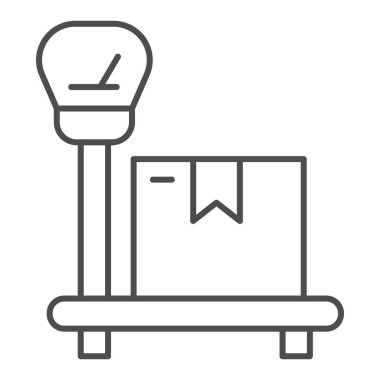 İnce çizgi simgesi, teslimat ve lojistik sembol üzerindeki paket beyaz arka planda endüstriyel kargo ağırlığı vektör tabelaları dağıtım paket simgesini ana hatlarıyla tartmak. Vektör grafikleri.