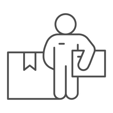 Paket ince çizgi ikonu, lojistik ve teslimat sembolü olan teslimatçı beyaz arka planda kurye elinde mektup ve kutu vektör işareti olan paket ikonu tasimasi tasiyan kisi. Vektör grafikleri.