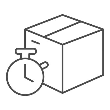 Üzerinde saat ince çizgi simgesi, teslimat ve lojistik sembolü olan karton paket, beyaz arka planda karton kutu ve kronometre vektör işareti, hızlı dağıtım servis ikonu ana hatları. Vektör grafikleri.