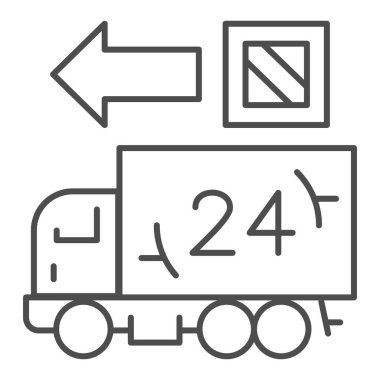 Teslimat kamyonu, ince çizgi simgesi, lojistik dağıtım sembolü, hızlı 24 saat ulaşım vektör işareti beyaz arka planda, 24 saat dağıtım ikonu tasarımı web tasarımı. Vektör grafikleri.