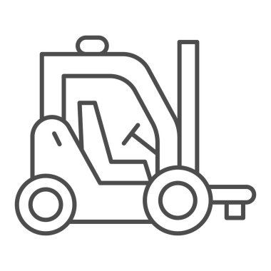 Forklift ince çizgi simgesi, dağıtım ve lojistik sembol, beyaz arka planda kargo taşıyıcı işareti, mobil konsept ve web tasarımı için ana hatlı kamyon simgesi. Vektör grafikleri.