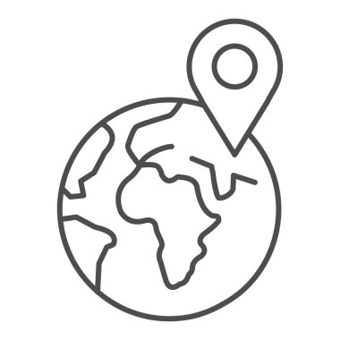 İnce çizgi ikonu, teslimat ve lojistik sembolü olan Dünya gezegeni, beyaz arka planda Dünya vektör işaretinin teslimat yeri, dünya çapında dağıtım ikonu ana hatları. Vektör grafikleri.