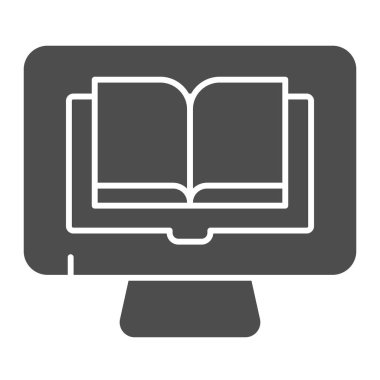 Katı bilgisayar simgesi üzerine kitaplar okuyorum. Beyaz üzerine izole edilmiş bilgisayar vektör illüstrasyonu kitabı. Web ve uygulama için tasarlanmış dijital kütüphane kabartma tasarımı. Eps 10.