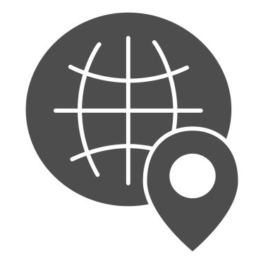 Küresel konum katı simge. Beyaz üzerine izole edilmiş konum pin vektör illüstrasyonlu dünya haritası. Gezegen navigasyon kabartma tasarımı, web ve uygulama için tasarlandı. Eps 10.