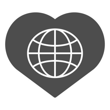 Kalpte küre, katı bir ikon. Beyazda izole edilmiş dünya vektör illüstrasyonu. Kalp kabartma tasarımı olan gezegen, ağ ve uygulama için tasarlanmış. Eps 10.