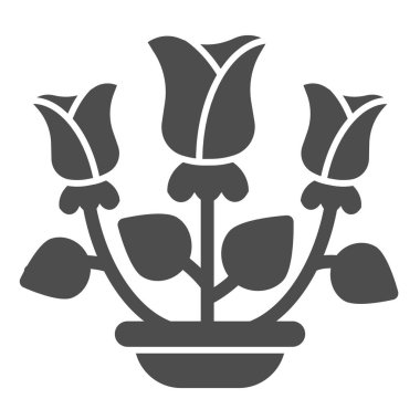 Güller katı bir ikon. Saksı vektör illüstrasyonundaki çiçekler beyaza izole edilmiş. Buket kabartma tasarımı, web ve uygulama için tasarlanmış. Eps 10.