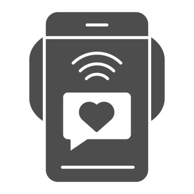 Aşk mesajı olan akıllı bir telefon. Katı bir simge. Romantik SMS vektör çizimi beyaza izole edilmiş. Web ve uygulama için tasarlanmış aşk sohbet kabartma tasarımı. Eps 10.