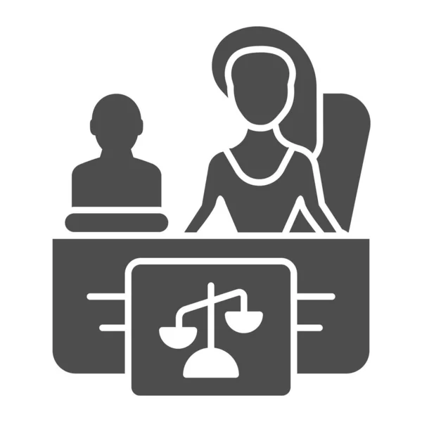 Ženská právnička s ikonou. Žena u stolu vektorové ilustrace izolované na bílém. Dívka právník glyf styl design, určený pro web a aplikaci. Eps 10. — Stockový vektor