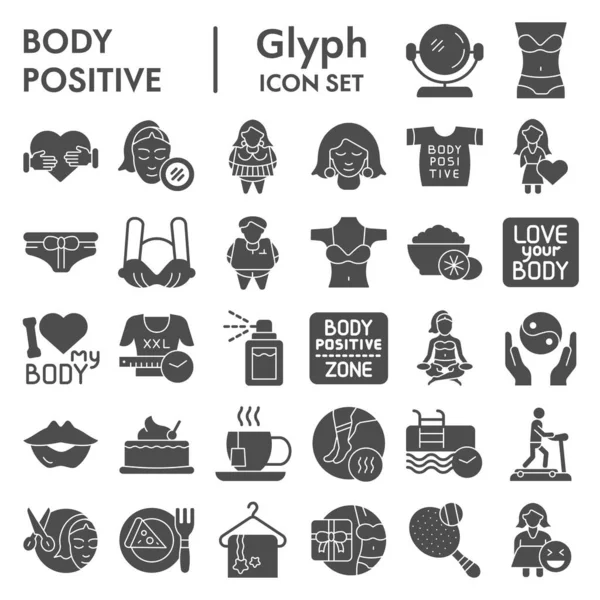 Cuerpo conjunto de iconos glifo positivo, colección de símbolos de sobrepeso, bocetos vectoriales, ilustraciones de logotipo, signos de figuras paquete pictogramas sólidos aislados sobre fondo blanco, eps 10 . — Vector de stock