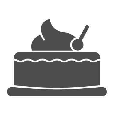 Kirazlı kek katı ikonu. Beyaz üzerine izole edilmiş kiraz vektör illüstrasyonlu kek. Tatlı kabartma tasarımı, web ve uygulama için tasarlanmış. Eps 10.