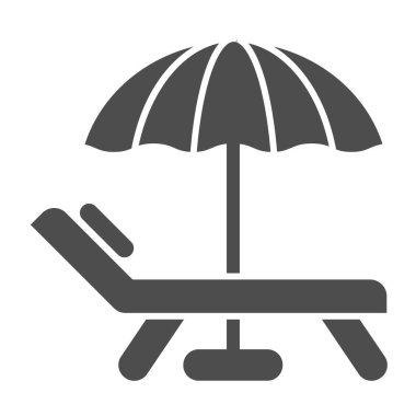 Plaj şemsiyesi ve sandalye simgesi. Tatil vektör illüstrasyonu beyaza izole edildi. Seyahat kabartma tasarımı, web ve uygulama için tasarlanmış. Eps 10.