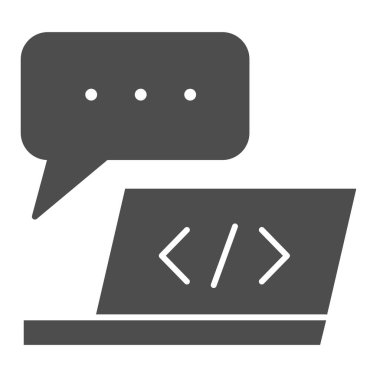 Dizüstü bilgisayar geliştirme simgesi. Not defteri ve konuşma kabarcığı çizimi beyaza izole edildi. Bilgisayar yazılımı kabartma tasarımı, web ve uygulama için tasarlandı. Eps 10.