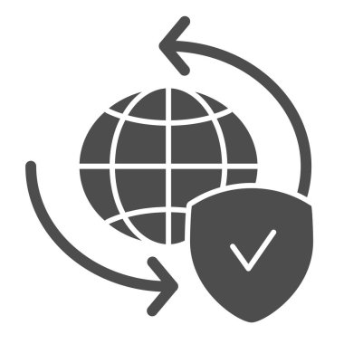 Küresel değişim simgesi. Beyaz üzerine izole edilmiş kalkan vektör illüstrasyonu olan gezegen. Dünya küresi ve tick glyph tarzı tasarım, ağ ve uygulama için tasarlandı. Eps 10.