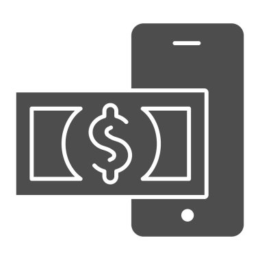 Mobil bankacılık katı simgesi. Dolar ve akıllı telefon vektör çizimi beyaza izole edildi. Ödeme kabartma tasarımı, web ve uygulama için tasarlanmış. Eps 10.
