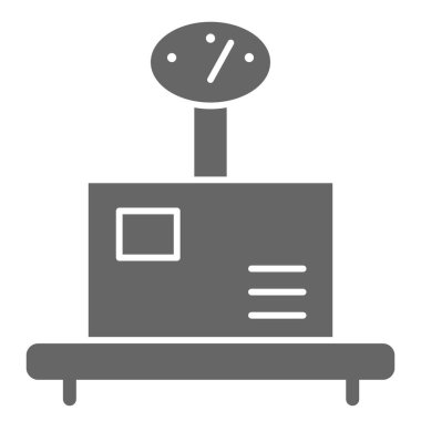 Ağırlıklar üzerine ambalaj, katı simge, dağıtım sembolü, beyaz arkaplanda kutu vektör işareti olan ağırlık ölçeği, mobil ve web için ambalaj ağırlık depolama ikonu. Vektör grafikleri.