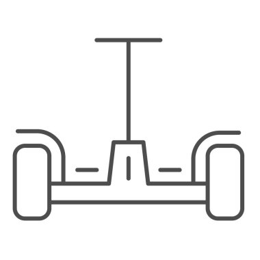 Uçan kaykay ince çizgi simgesi, yenilikçi ulaşım sembolü, beyaz arka planda otomatik dengeleyici scooter vektör işareti, ana hatlı mobil konsept ve web tasarımında Gyroscooter simgesi. Vektör grafikleri.