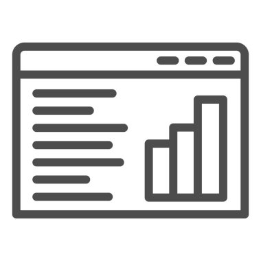 Rapor ve diyagram çizgisi simgesine sahip web sitesi. Çevrimiçi iş raporu sembolü, beyaz arkaplanda ana hatlı resim çizimi. Mobil konsept ve web tasarımı için pazarlama analitiği imzası. Vektör.