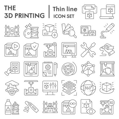 İnce çizgi simgesi seti, 3D baskı sanayi sembolleri koleksiyonu, vektör çizimleri, logo illüstrasyonları, gelecekteki teknoloji işaretleri beyaz arkaplanda izole edilmiş doğrusal piktogram paketleri, eps 10.