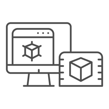 Bilgisayar ince çizgi simgesinde 3D tasarım. Beyaz üzerine izole edilmiş 3d proje vektör illüstrasyonlu bilgisayar monitörü. Web ve uygulama için dizayn edilmiş, masaüstü tasarımı için 3D modelleme. Eps 10.