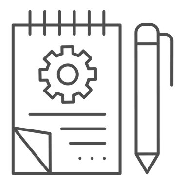 Kalem ince çizgi ikonlu defter. Çizilmiş proje vektör illüstrasyonlu not defteri beyaza izole edildi. Web ve uygulama için tasarlanmış ana hatlı çizim defteri. Eps 10.