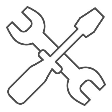 İngiliz anahtarı ve tornavida ince çizgi simgesi. Seçenekler vektör illüstrasyonu beyazda izole edildi. Çapraz tamir araçları ana hatlı biçim tasarımı, web ve uygulama için tasarlandı. Eps 10.