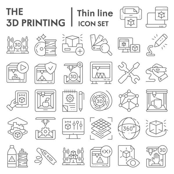 3D printing thin line icon set, 3d print industry symbols collection, vector sketches, logo illustrations, future technology signs linear pictograms package isolated on white background, eps 10.