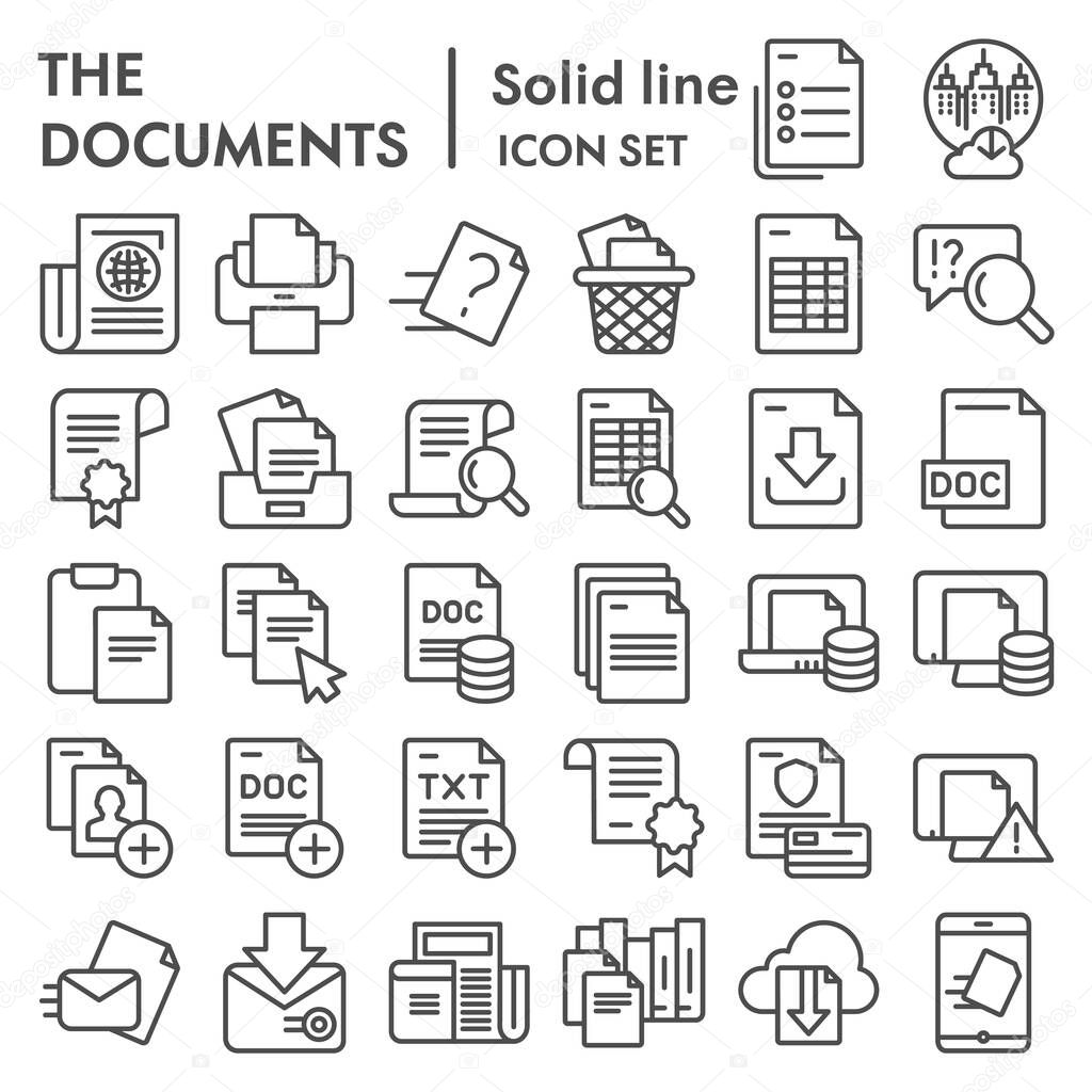 Documents line icon set, papers and files symbols collection, vector sketches, logo illustrations, data signs linear pictograms package isolated on white background, eps 10.
