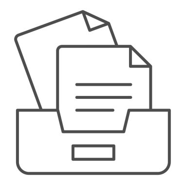 Kağıt üzerinde ince çizgi simgesi olan arşiv kutusu. Beyaz üzerine izole edilmiş belge vektör illüstrasyonlu çekmeceler. Web ve uygulama için tasarlanmış kağıt depolama tasarımı. Eps 10.