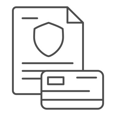 Kredi kartı ince çizgi simgesi belgeleniyor. Plastik kart ve güvenli belge vektör çizimi beyaza izole edildi. Kredi kartı ve sözleşme tasarımı, web ve uygulama için tasarlanmış. Eps 10.