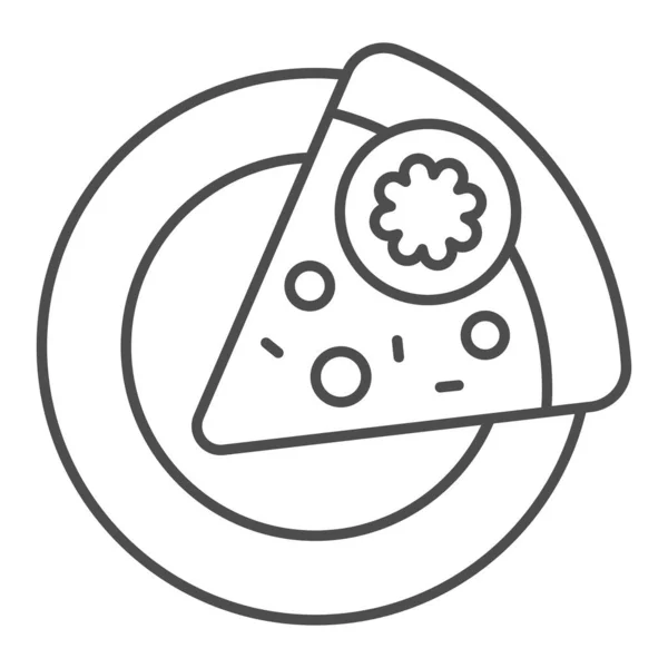 Skiva pizza på en tallrik tunn linje ikon. Snabbmat vektor illustration isolerad på vitt. Pepperoni skissera stil design, utformad för webb och app. Eps 10. — Stock vektor