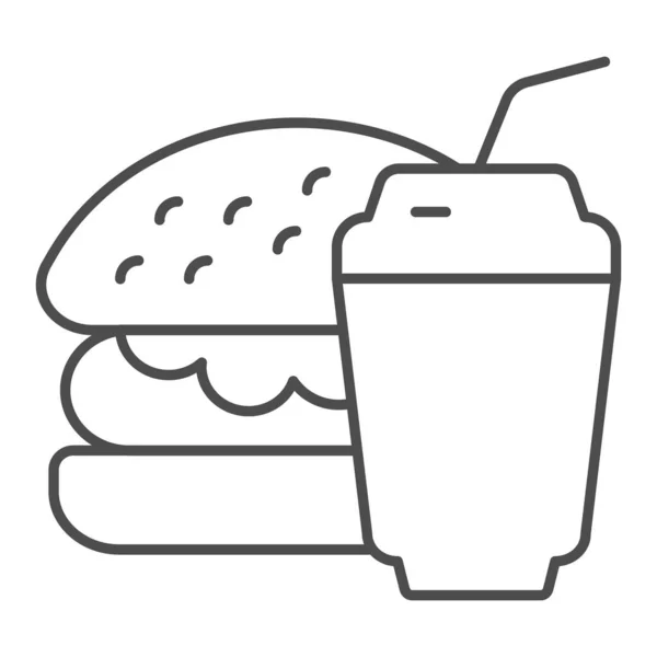 Ikon tipis burger dan soda. Ilustrasi vektor makanan cepat saji diisolasi dengan warna putih. Hamburger dan minuman outline desain gaya, dirancang untuk web dan aplikasi. Eps 10. - Stok Vektor