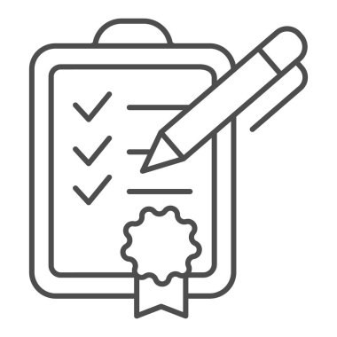 Başarı listesi ince çizgi simgesi. Kontrol listesi vektör illüstrasyonu beyazda izole edildi. Onaylanmış sertifika tasarımı, web ve uygulama için tasarlandı. Eps 10.