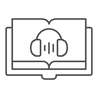 Ses kitabı ince çizgi simgesi. Ses kılavuzu vektör illüstrasyonu beyazda izole edildi. Kulaklık ve kitap tasarımı, web ve uygulama için tasarlanmış. Eps 10.