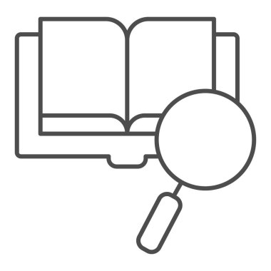 Kitap arama ince çizgi simgesi. Beyaz üzerine izole edilmiş dijital kitap vektör illüstrasyonu. Kitap ve büyüteç tasarımı, web ve uygulama için tasarlanmış. Eps 10.