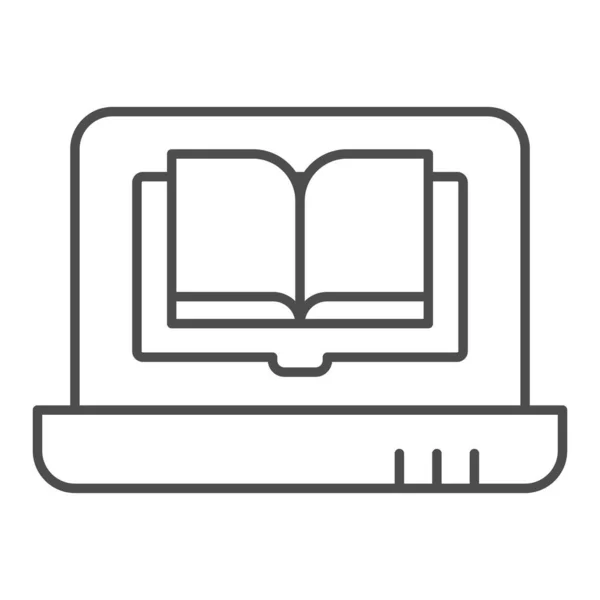 Libro de ordenador portátil icono de línea delgada. Libro sobre ilustración de vectores informáticos aislado en blanco. Diseño de estilo de contorno de libro digital, diseñado para web y aplicación. Eps 10 . — Vector de stock