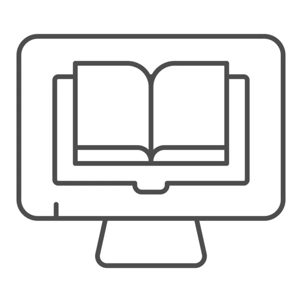 Läser böcker på PC tunn linje ikon. Bok på dator vektor illustration isolerad på vitt. Digital biblioteksdesign, designad för webb och app. Eps 10. — Stock vektor