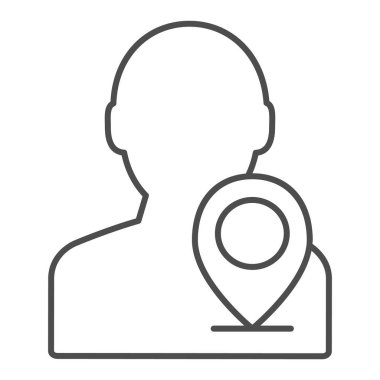 İnce çizgi ikonlu harita işaretleyicisi. Beyaz üzerinde izole edilmiş kişi konum vektör illüstrasyonu. Web ve uygulama için tasarlanmış kişinin ana hatlı stil tasarımlı navigasyon iğnesi. Eps 10.