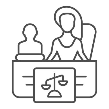 Kadın avukat, ince çizgi ikonu. Masa başı vektör illüstrasyonundaki kadın beyaza izole edilmiş. Kız avukat tasarımı, web ve uygulama için tasarlanmış. Eps 10.